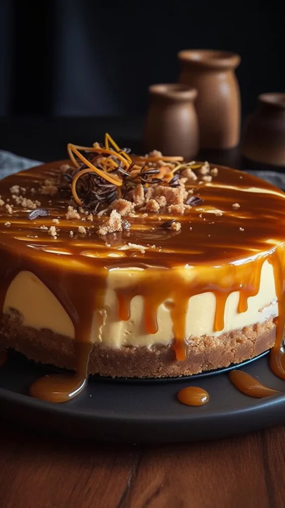 Creamy milk tart cheesecake with salted caramel drizzle on a elegant plate