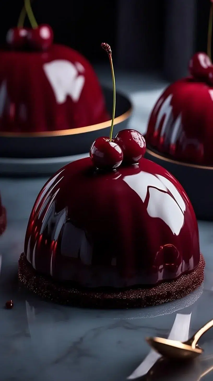 Crimson Cherry Mousse Domes with Beetroot Core and Blood Mirror Glaze