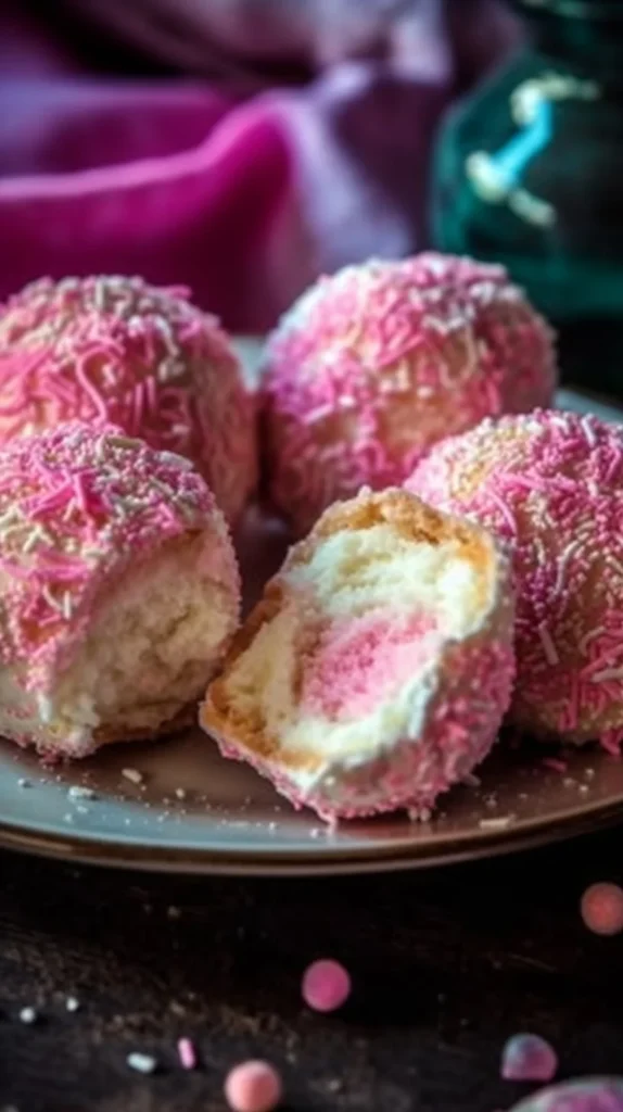 Crispy Cotton Candy Cheesecake Bombs dessert on a colorful plate