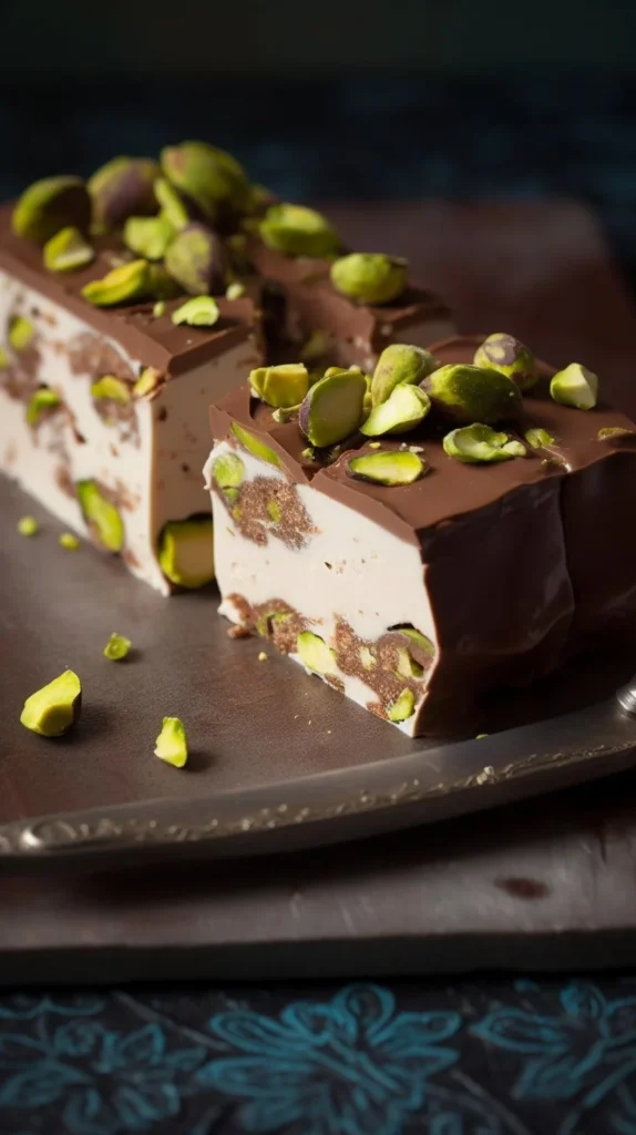 Dark Chocolate and Pistachio Semifreddo dessert garnished with pistachios