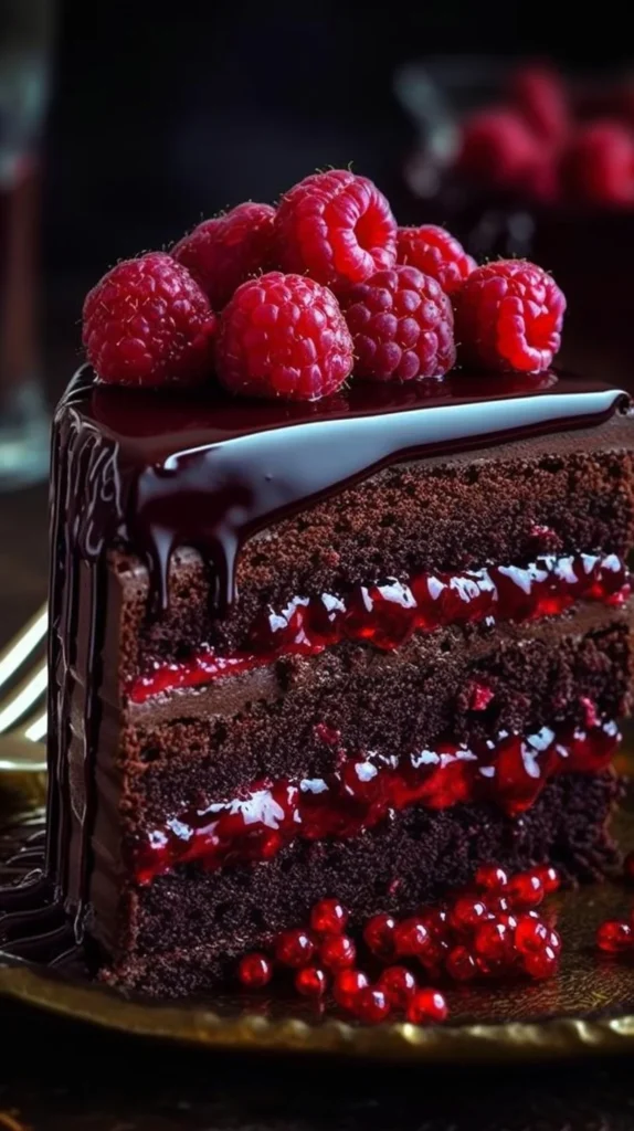 Dark chocolate raspberry truffle cake topped with fresh raspberries and chocolate ganache