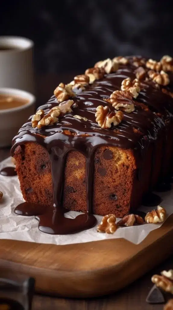 Date coffee loaf cake with walnuts on a wooden table