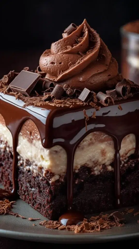 Decadent chocolate mousse brownies with a rich chocolate topping