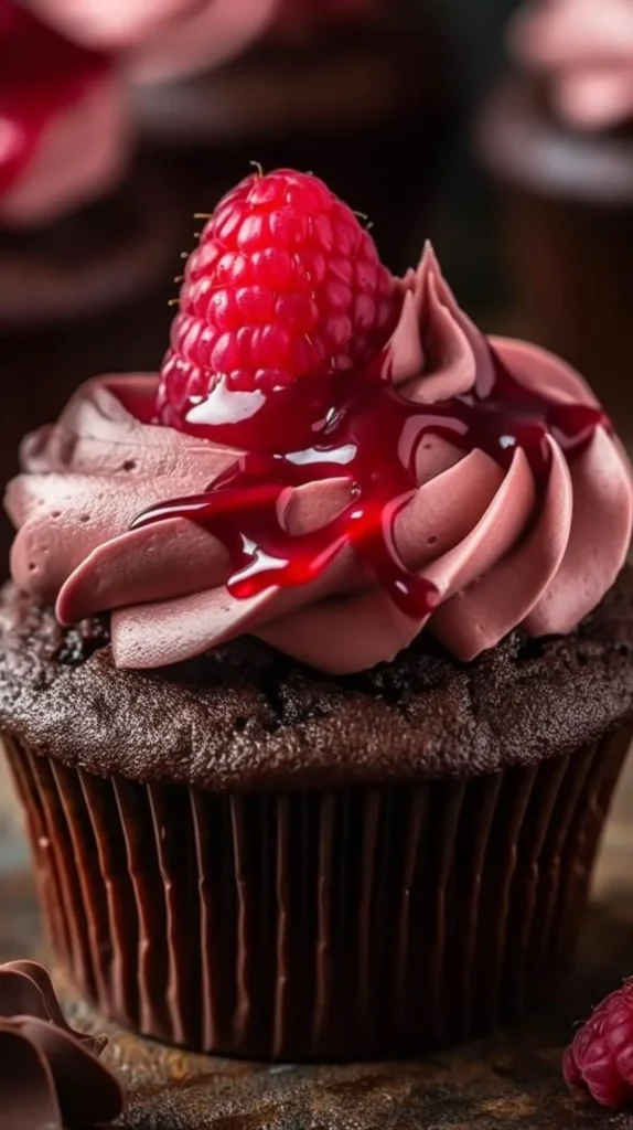 Decadent dark chocolate lava cupcakes with molten raspberry center and buttercream.