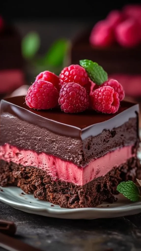 Decadent dark chocolate mousse cake with fresh raspberry layers