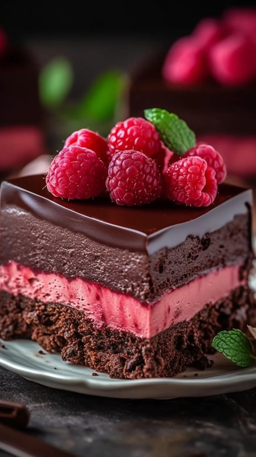 Decadent dark chocolate mousse cake with fresh raspberry layers