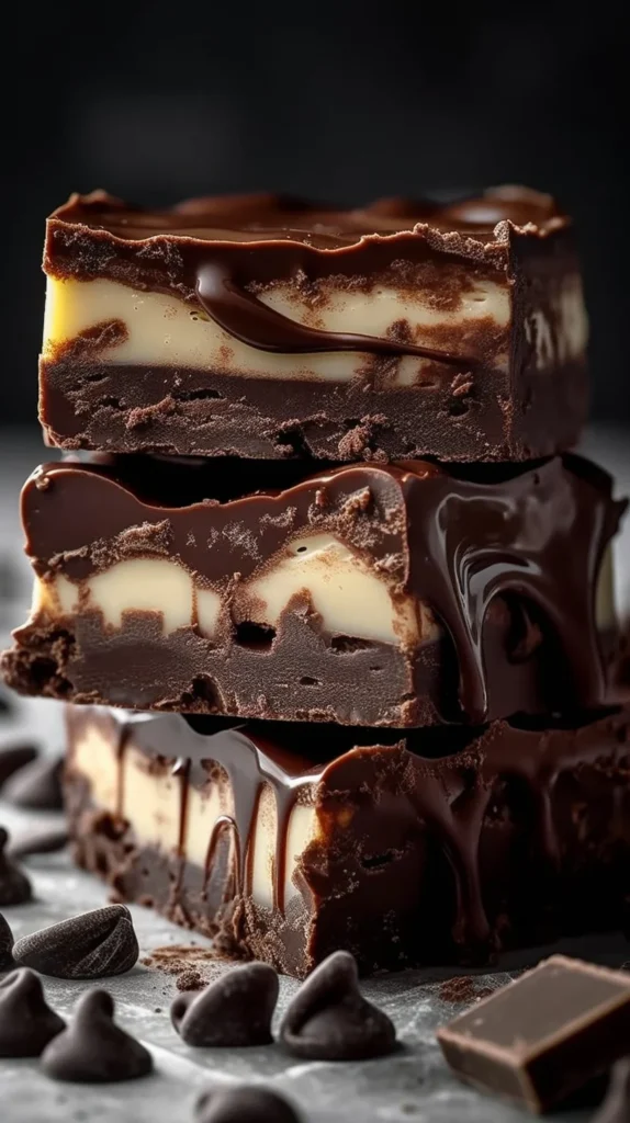 Decadent fudge-filled chocolate cookie squares on a plate