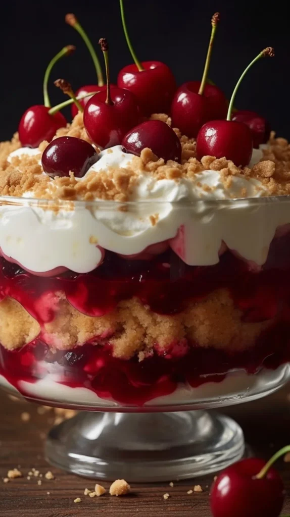 Delicious cherry cheesecake fluff dessert in a glass bowl
