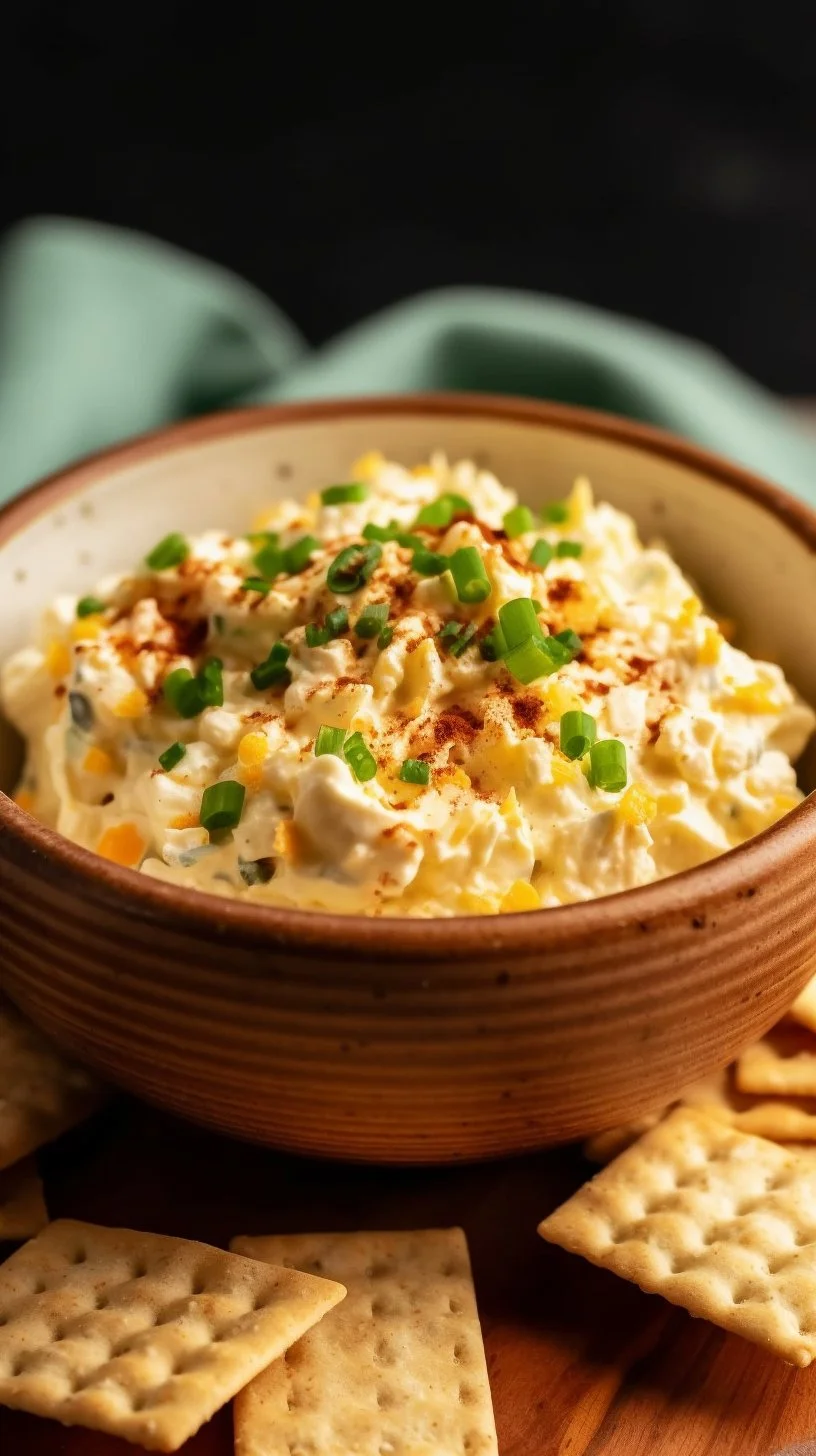Creamy deviled egg dip served in a bowl with crackers
