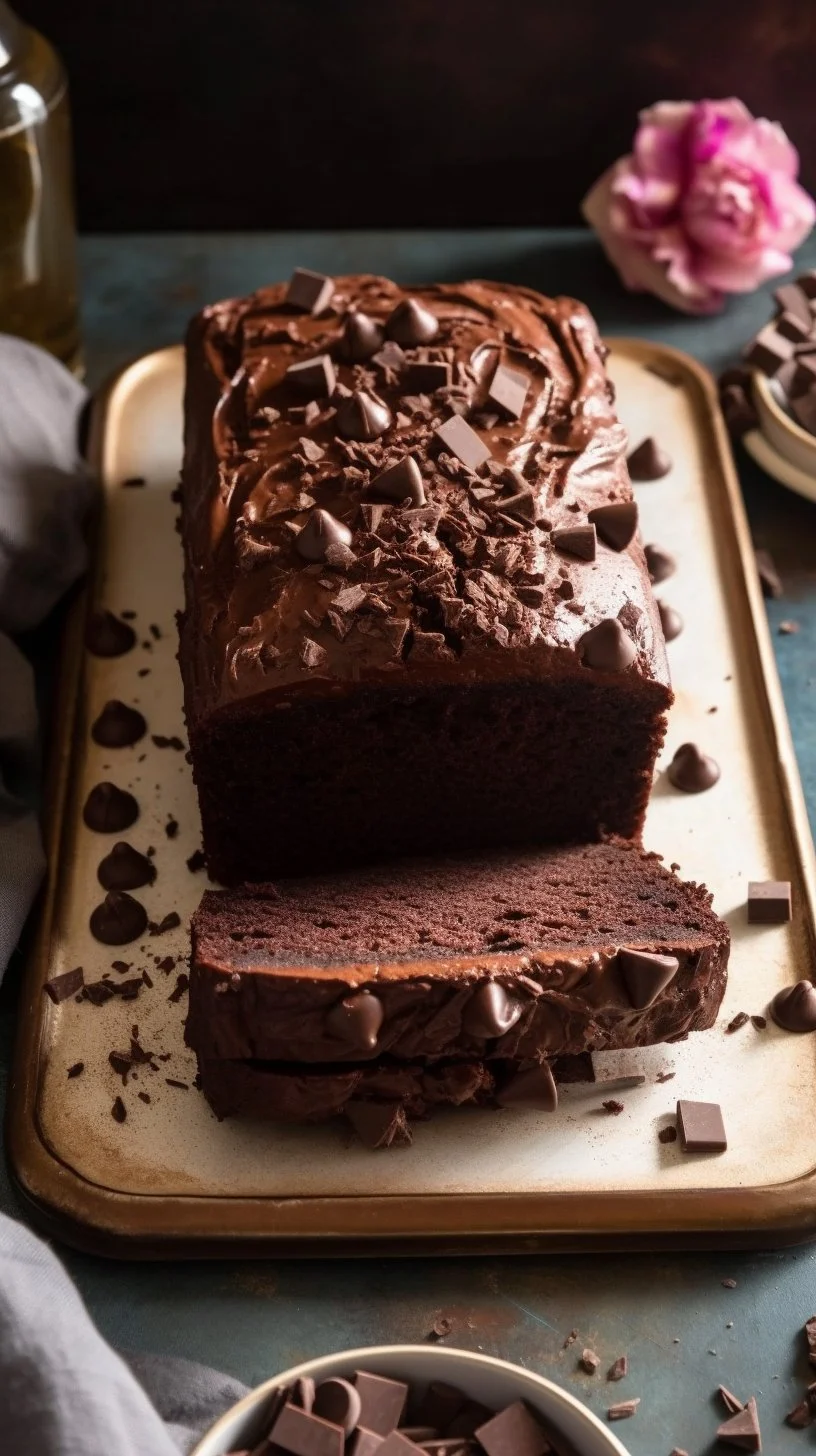 Slice of double chocolate banana bread with chocolate chips on a wooden cutting board