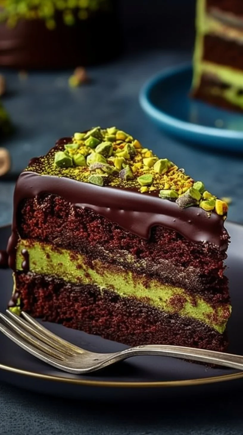Slice of Dubai Style Chocolate Pistachio Cake topped with nuts and chocolate drizzle