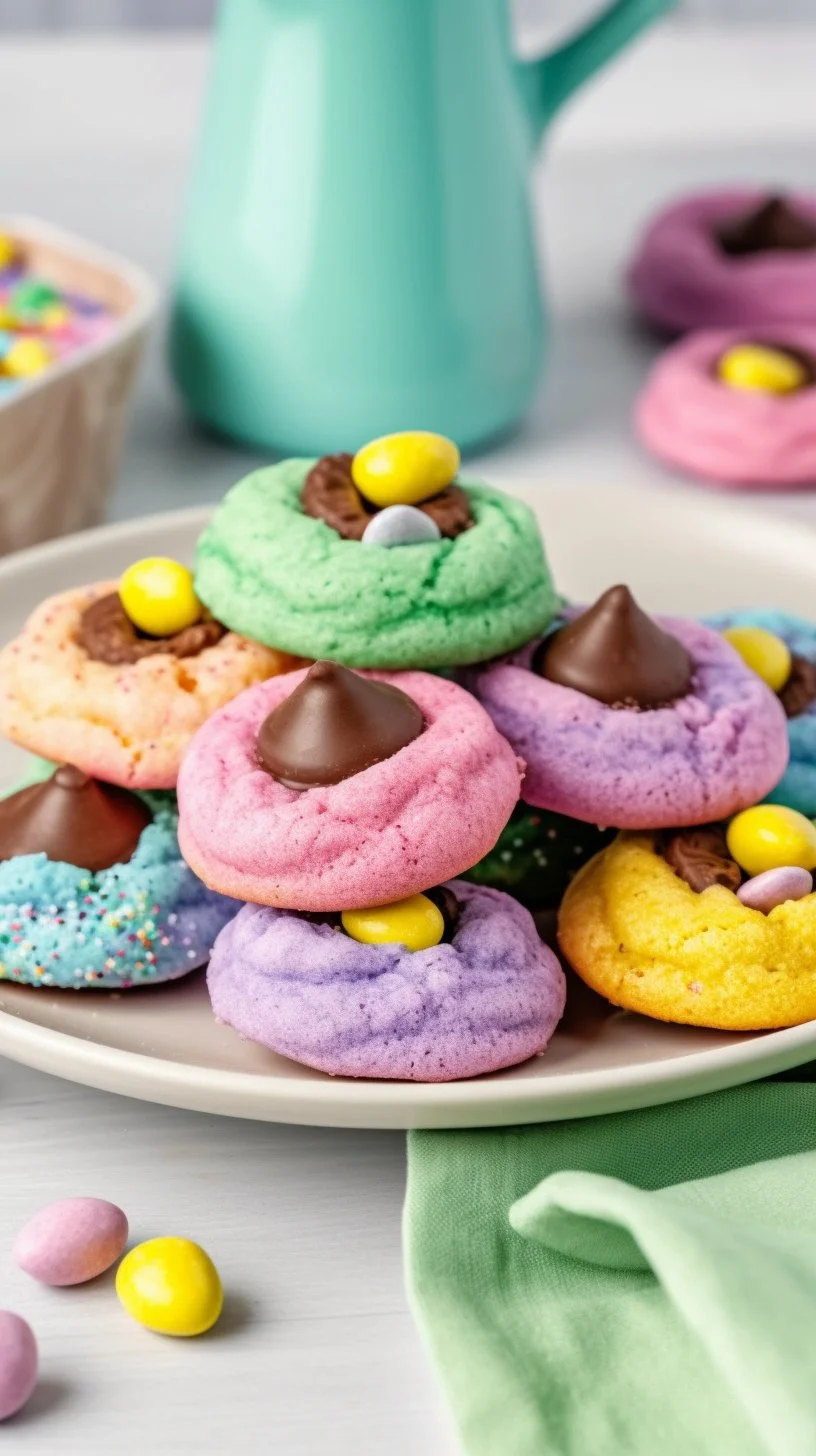 Colorful Easter Blossom Cookies decorated with icing and sprinkles.