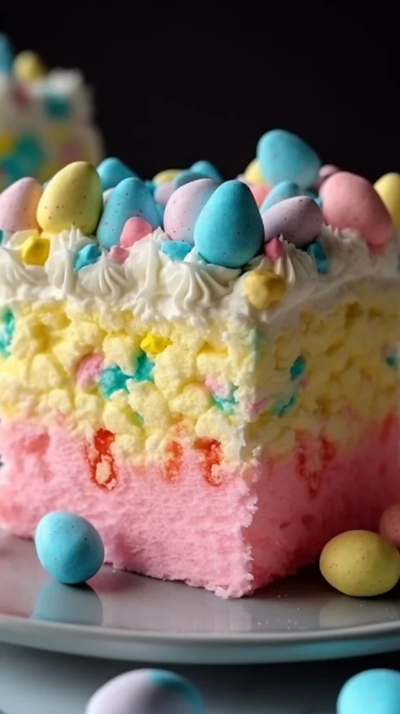 Easter Bunny Poke Cake decorated with festive colors and bunny design