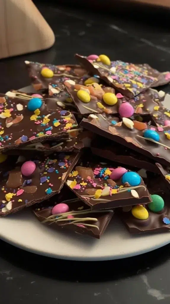 Colorful Easter Crack dessert with chocolate and sprinkles