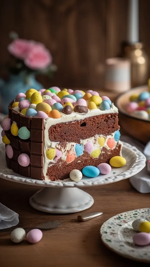 Easter Dirt Cake Casserole topped with chocolate crumbs and spring decorations