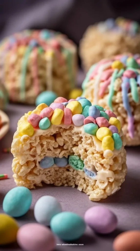 Colorful Easter Egg Rice Krispies Treats decorated for Easter festivities.