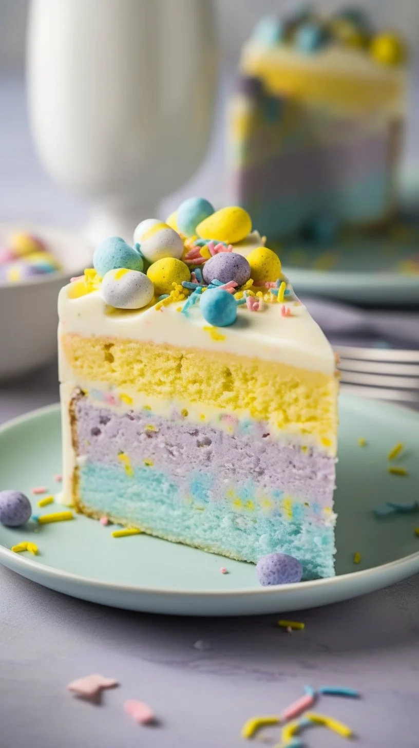 Colorful Easter Jell-O Pie with whipped cream and fresh fruit topping
