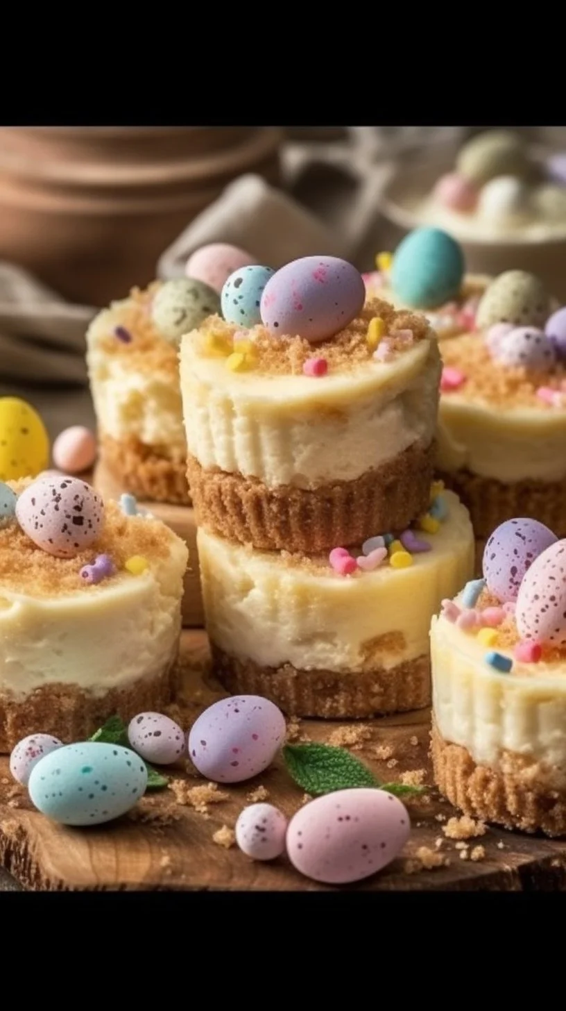 Easter no-bake mini cheesecakes topped with colorful sprinkles and berries