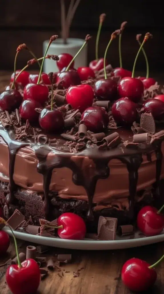 Delicious cherry chocolate chip poke cake topped with whipped cream and cherries