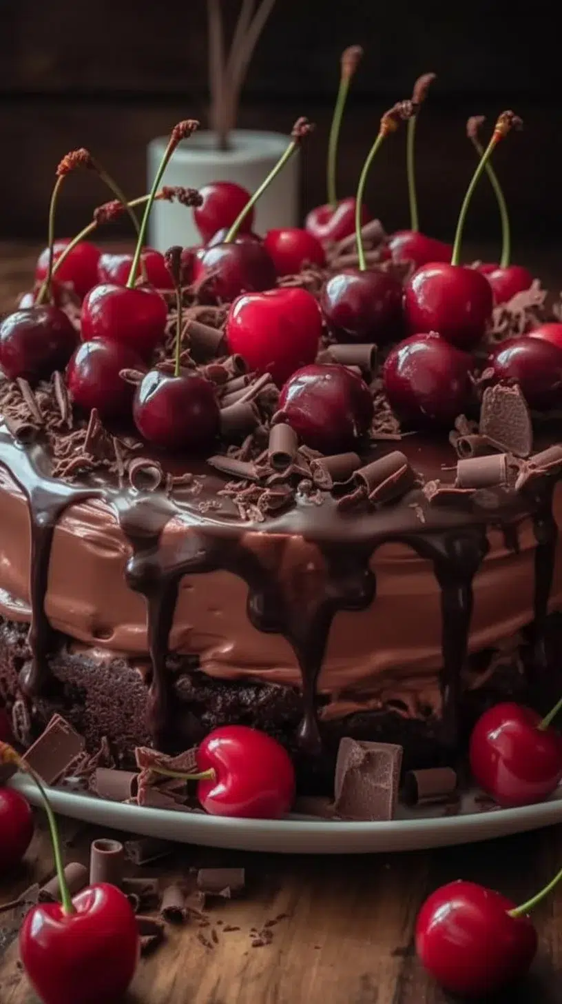 Delicious cherry chocolate chip poke cake topped with whipped cream and cherries
