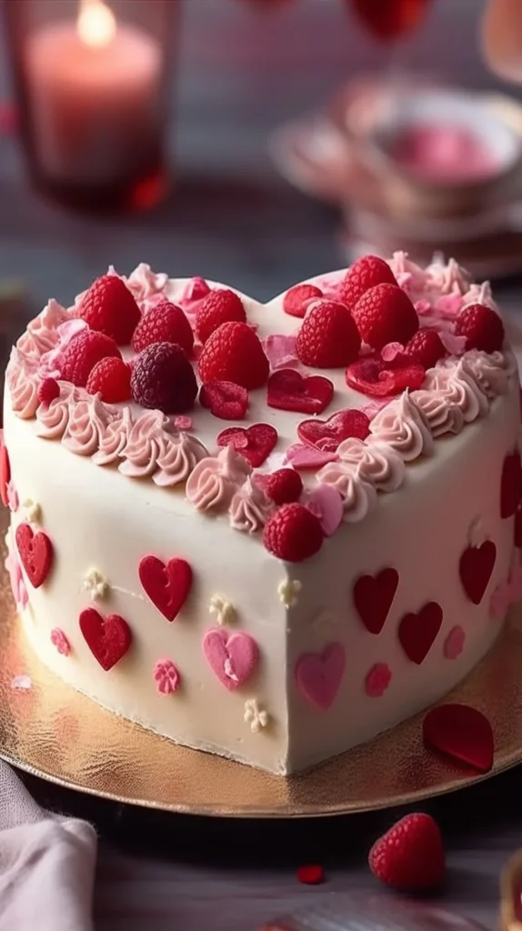 A beautifully decorated heart shaped cake with pink frosting and sprinkles.