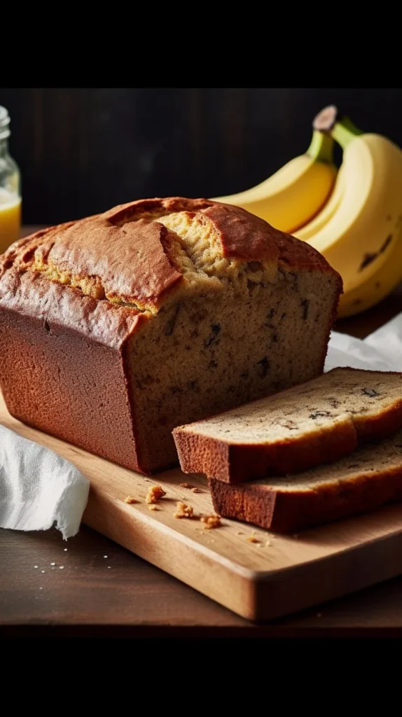 Loaf of easy moist banana bread with sliced pieces on a wooden board