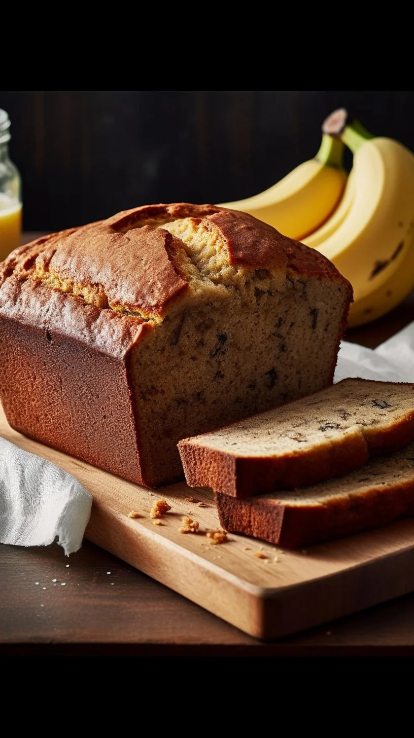 Loaf of easy moist banana bread with sliced pieces on a wooden board
