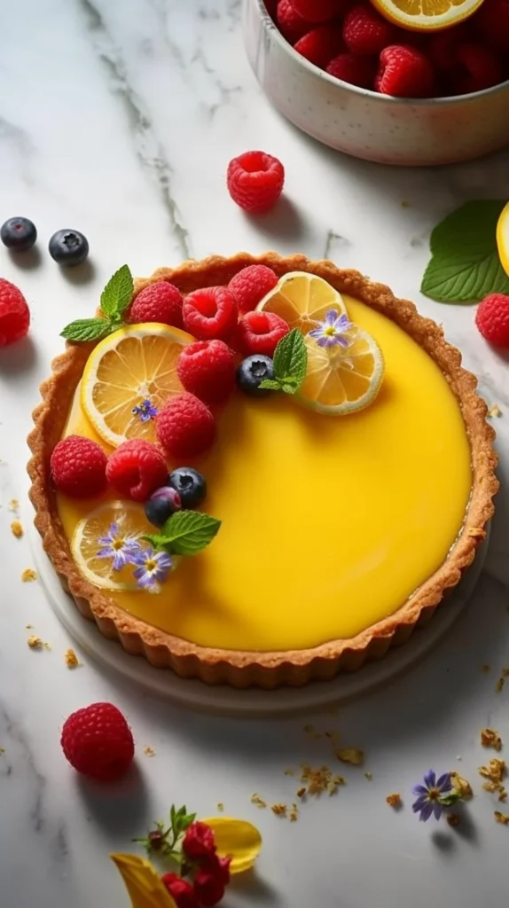 Elegant no-bake lemon tart with Biscoff crust and fresh berries garnish