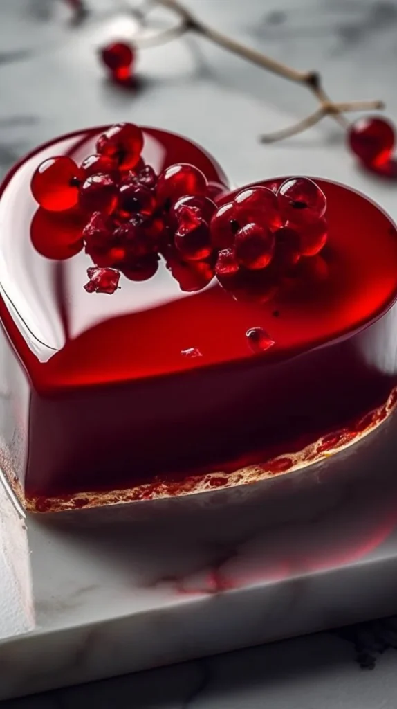 Elegant vanilla bean mousse hearts with red currant gelee and ruby mirror glaze