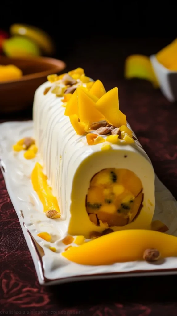 Exotic frozen log cake with mango, coconut, and passion fruit flavors