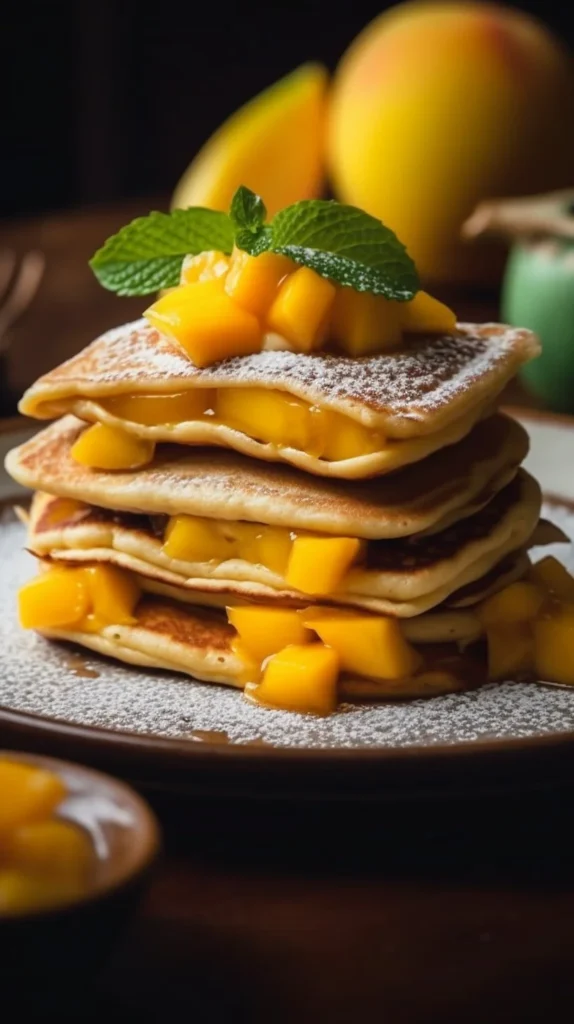 Fluffy mango pancakes stacked with fresh mango slices and syrup