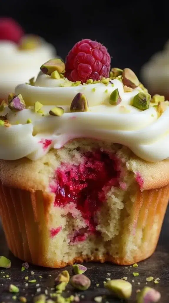 Fluffy raspberry pistachio cupcakes topped with fresh raspberries and nuts