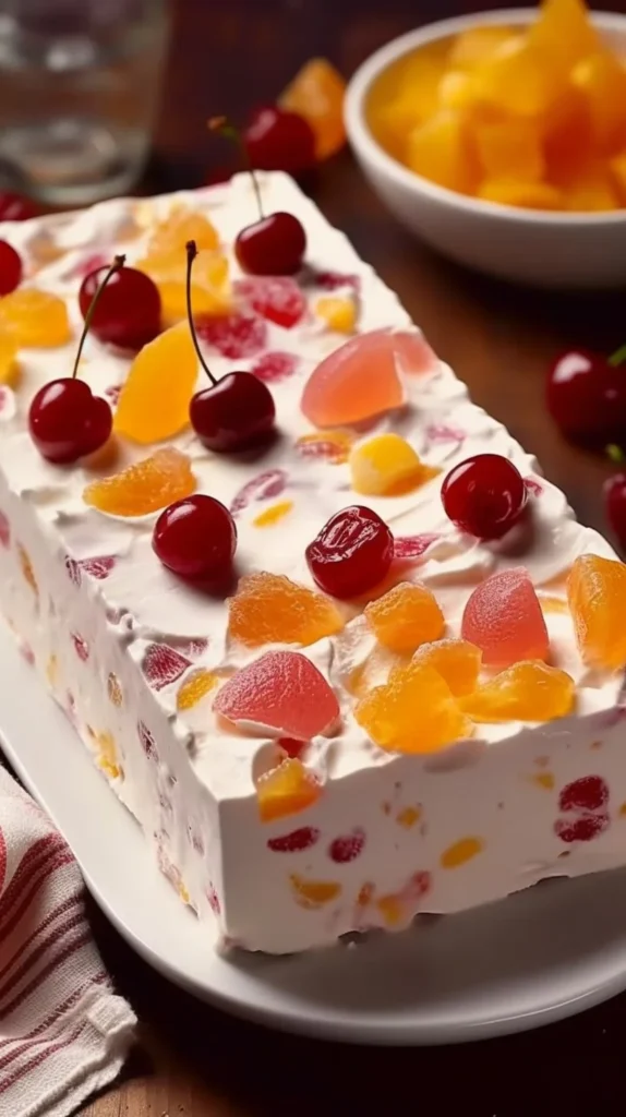 Delicious Fruit and Cream Cake topped with fresh fruit and cream.