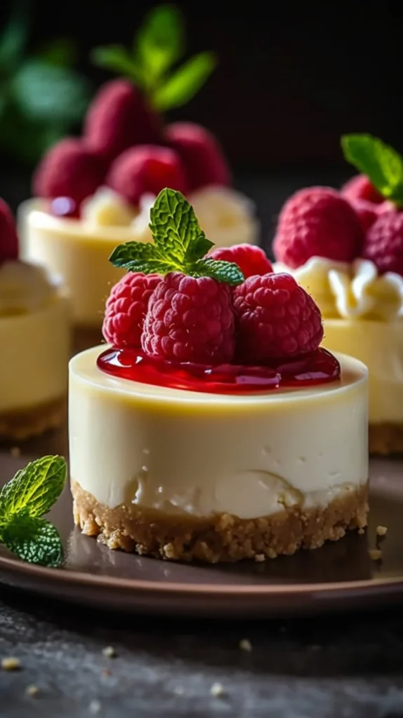 Mini lemon cheesecakes with swirled lemon curd on a dessert plate