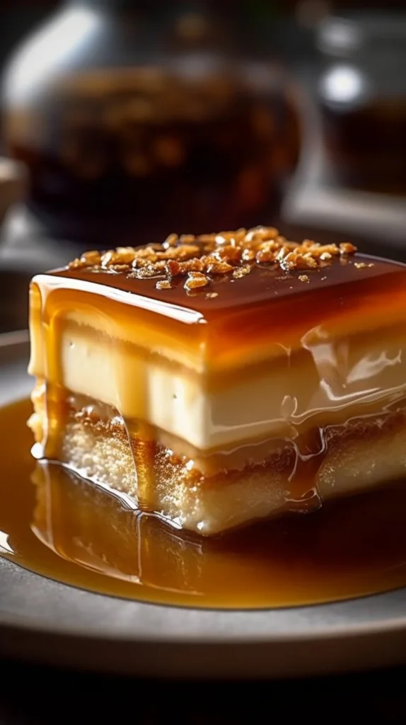 Slice of German Bee Sting Cake topped with honey and almonds