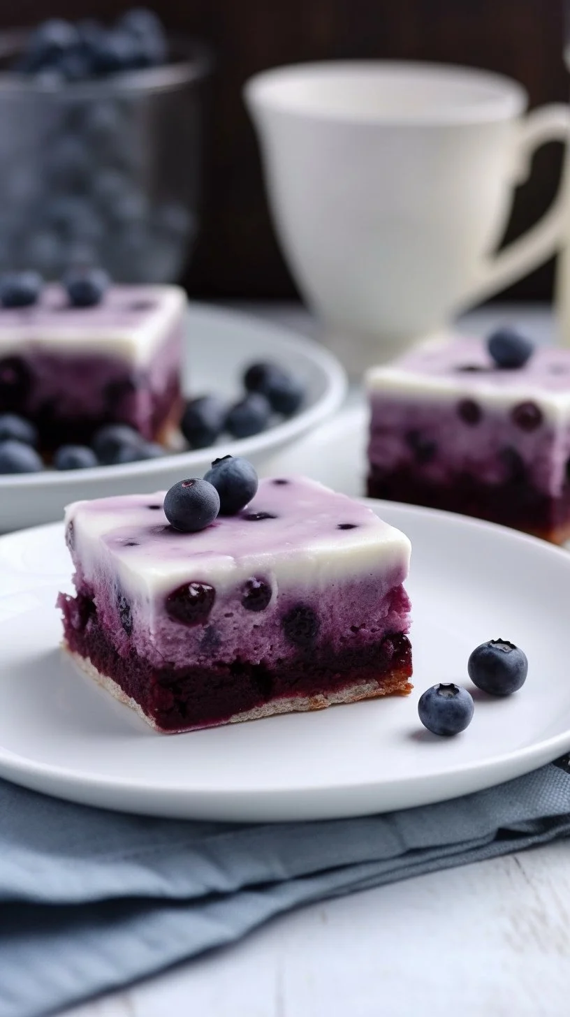 Delicious glazed blueberry brownies topped with fresh blueberries and chocolate glaze.