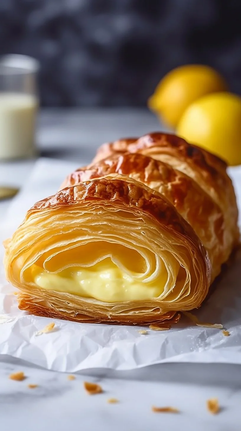 Golden braided puff pastry with zesty lemon cream cheese filling on a white plate.