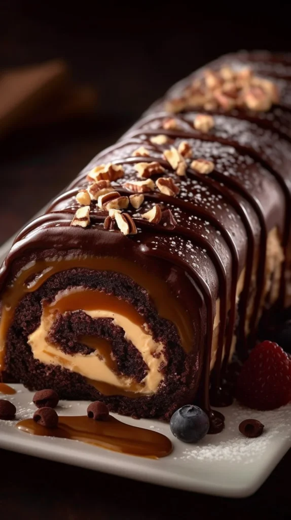 Gooey chocolate caramel turtle cake roll with nuts and chocolate drizzle
