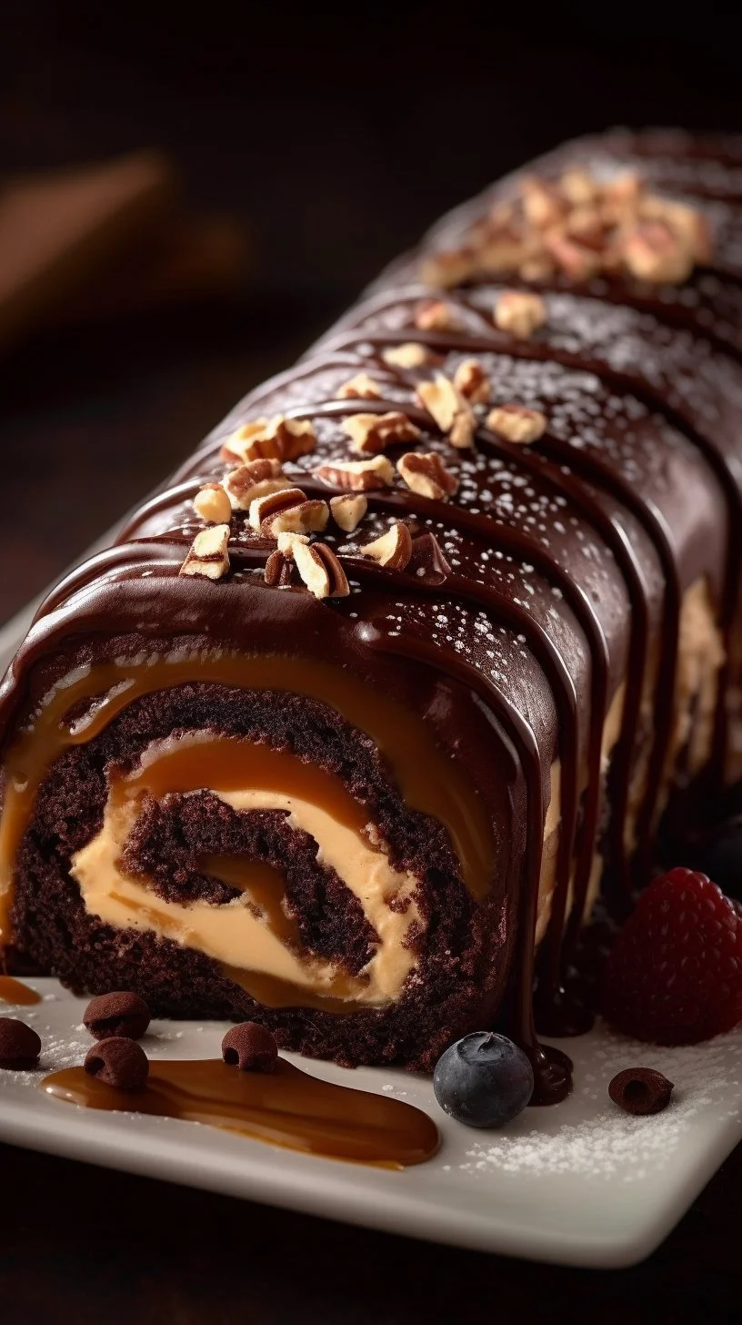 Gooey chocolate caramel turtle cake roll with nuts and chocolate drizzle