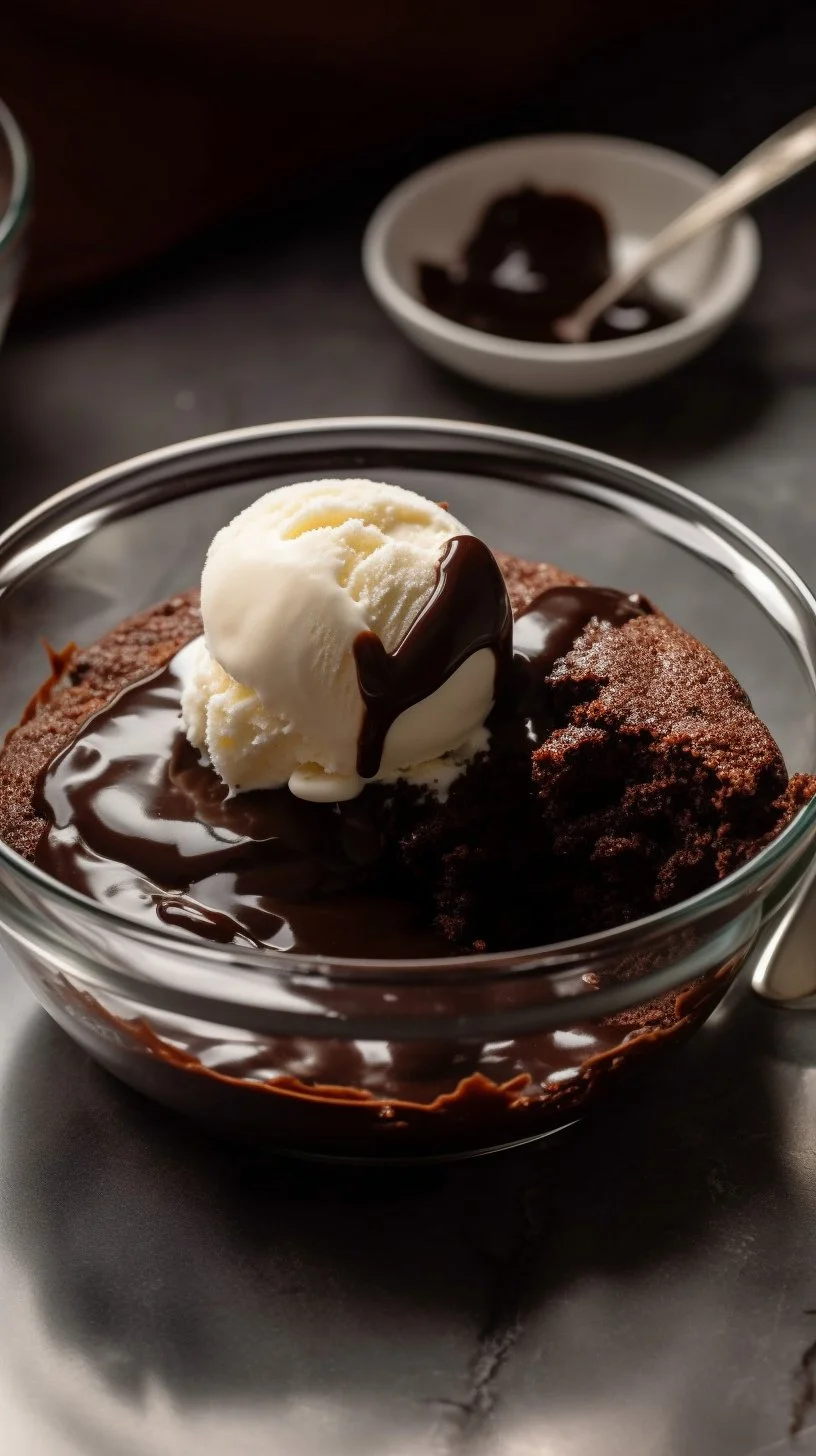 Delicious hot fudge sundae cake topped with ice cream and fudge sauce.