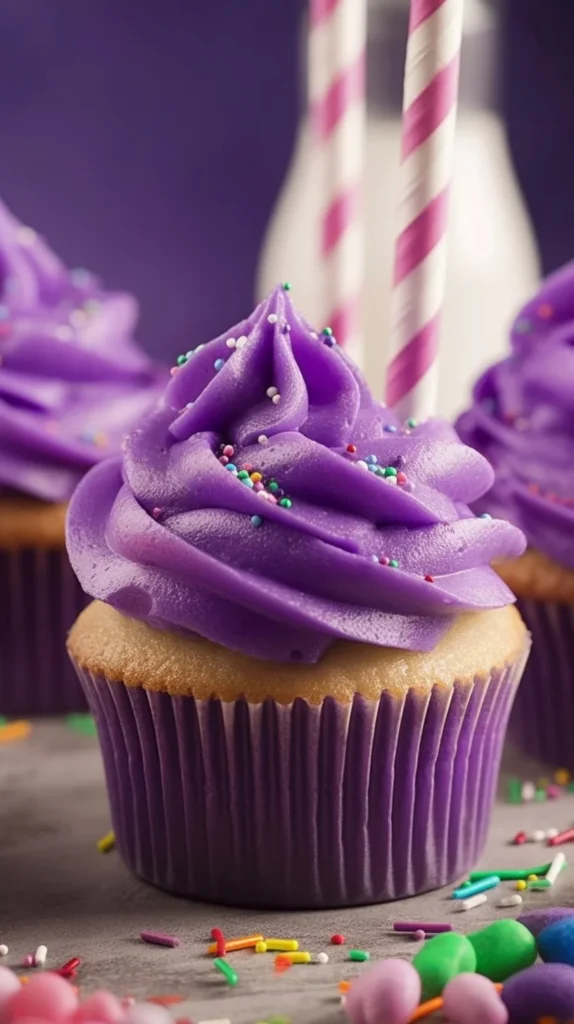 Delicious grape soda cupcakes topped with vibrant purple frosting and fizzy sprinkles