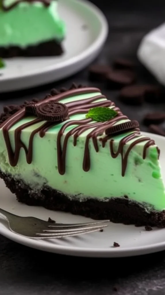 Slice of refreshing Grasshopper Pie topped with whipped cream and mint leaves