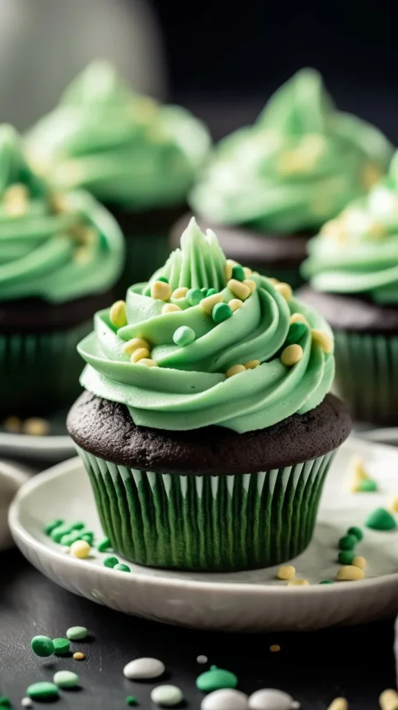 Delicious green cupcakes decorated with vibrant frosting and sprinkles
