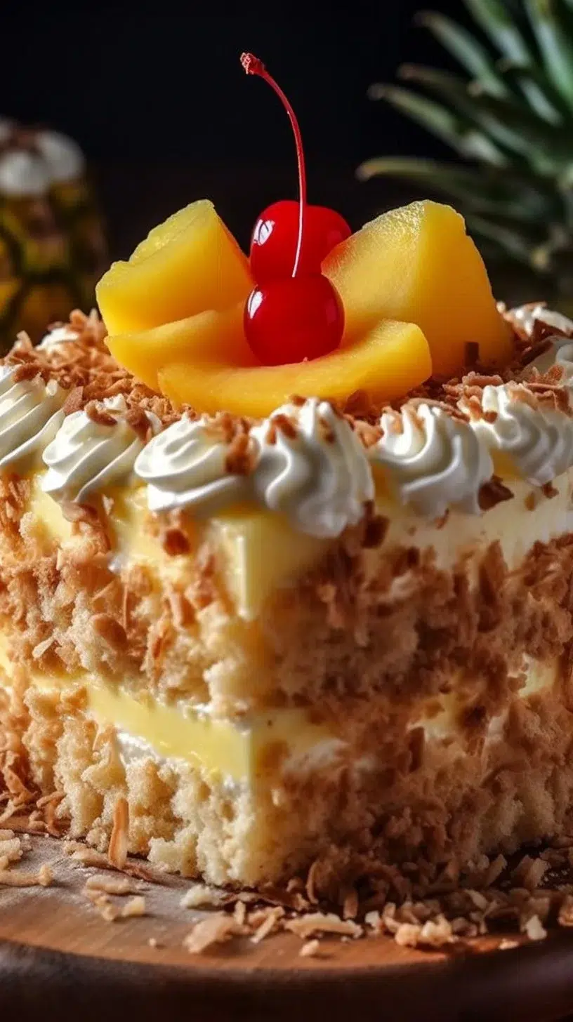 Delicious Hawaiian Pineapple Cake topped with fresh pineapple slices and coconut.