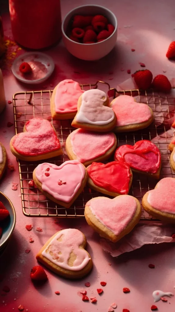 Freshly baked heart cutout cookies decorated with icing
