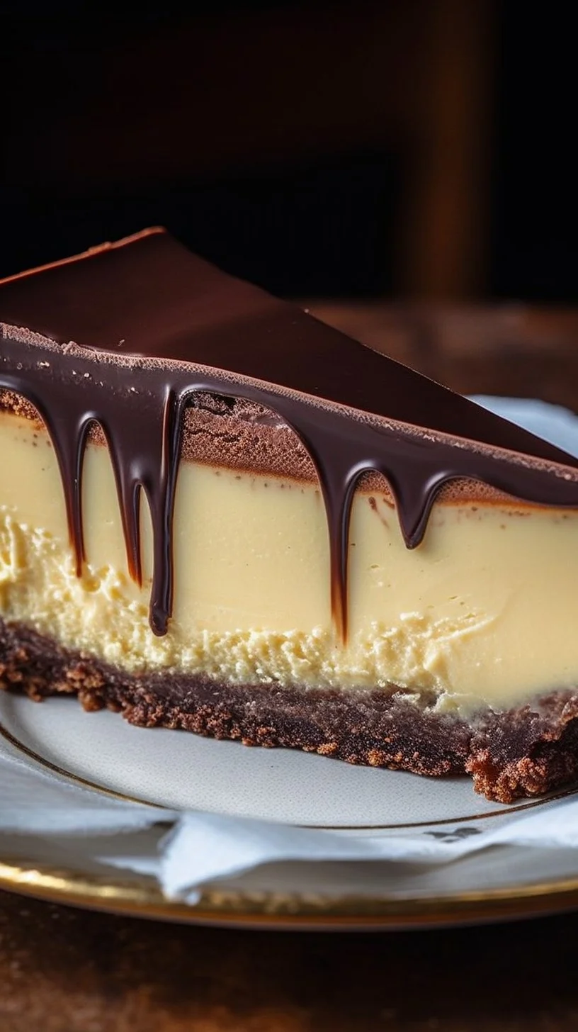 Heavenly Boston Cream Pie Cheesecake with chocolate and cream layers