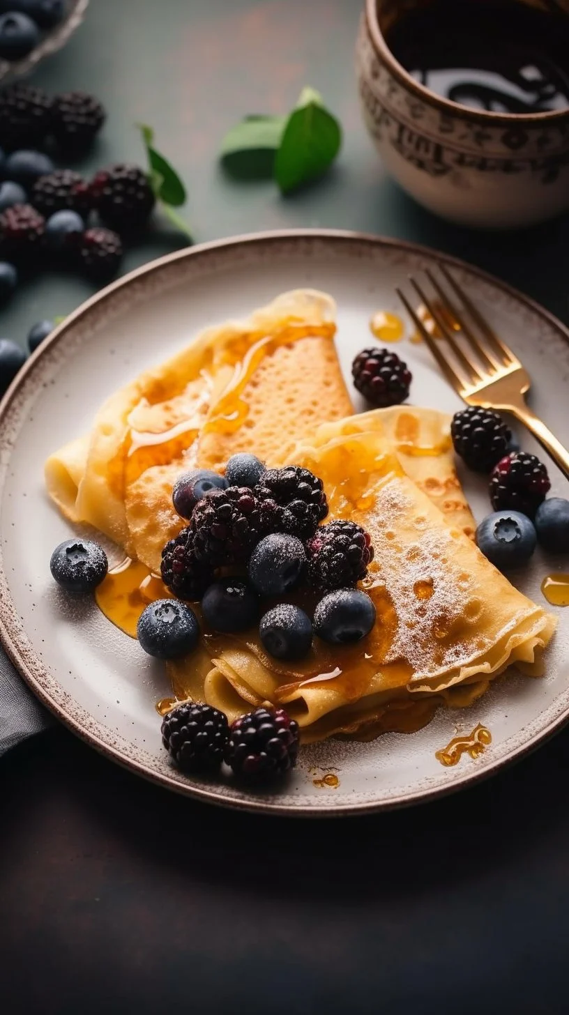 Delicious homemade crepes served with fruits and syrup