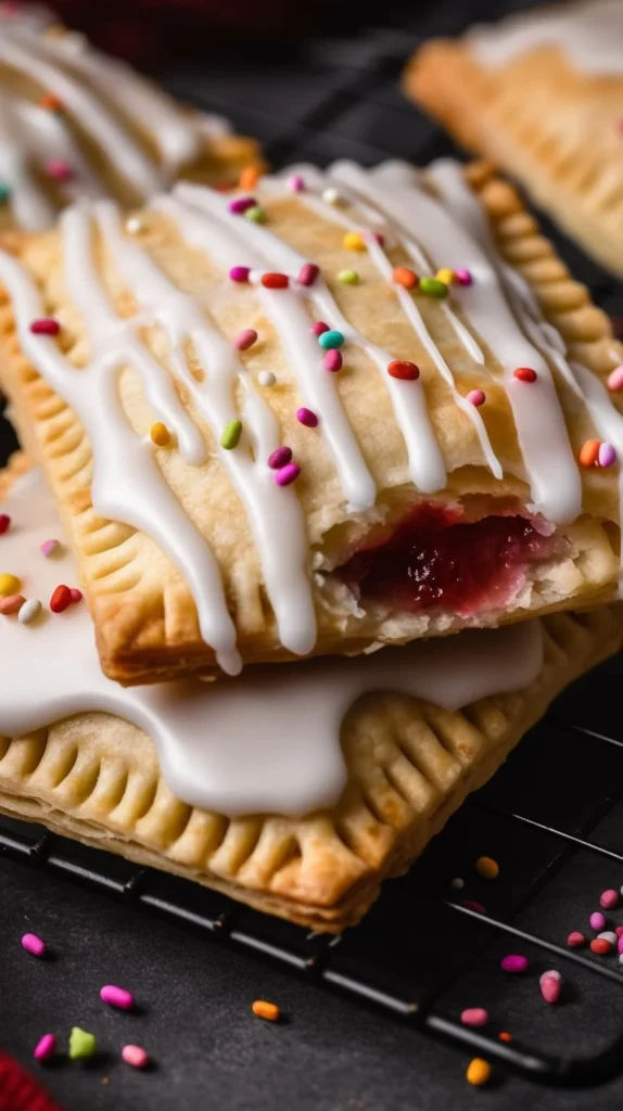 Homemade strawberry pop tarts fresh out of the oven on a cooling rack.