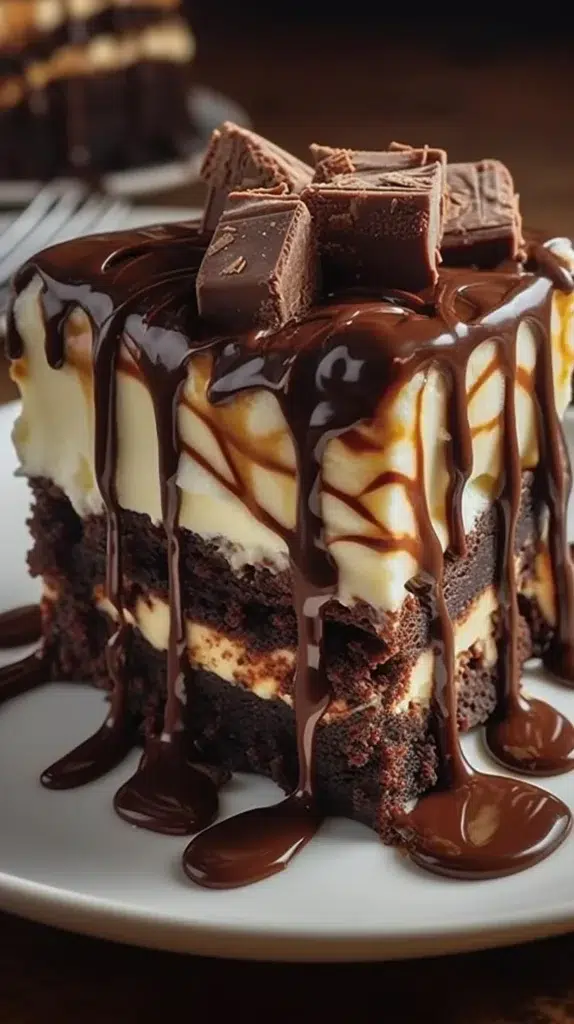 Delicious hot fudge sundae brownie cheesecake topped with chocolate drizzle