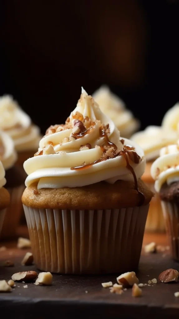 Delicious Hummingbird Cupcakes topped with cream cheese frosting and garnished with nuts.